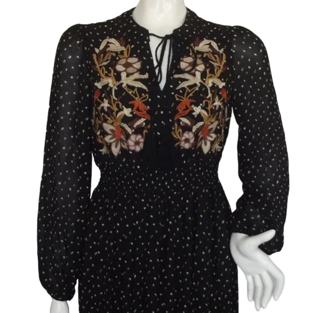 RUSTTYDUSTTY Midi Dress, S, Black, Floral Embroidery, Ruffles, Long sleeve - Picture 5 of 13